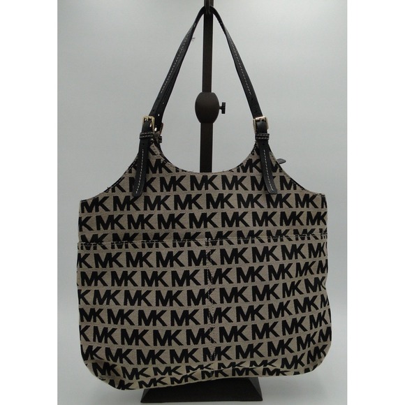 MK Jets en jacquard Michael Kors Logo Shoulder Bag Beige and Brown - Picture 1 of 8
